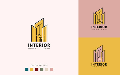 Interior  Logo Design Minimalist, With building, Hanging Lamp, Chairs And Tables