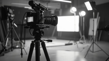 camera on a tripod in Modern photo studio with professional equipment, Background for product photography, mockup design, product presentation