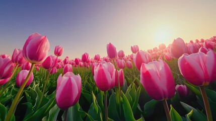 A scenic view of a field of pink tulips in full bloom, stretching into the distance under a clear sky