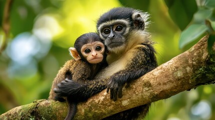 Fototapeta premium Affectionate Monkey and Baby in Lush Jungle Setting