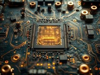 Fototapeta premium close-up zoom of a microchip surface intricately designed with circuits, showcasing technology and innovation in the field of computer science, emphasizing detail and precision
