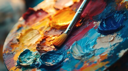 Obraz premium Vibrant Artist Palette with Brush and Colorful Paints