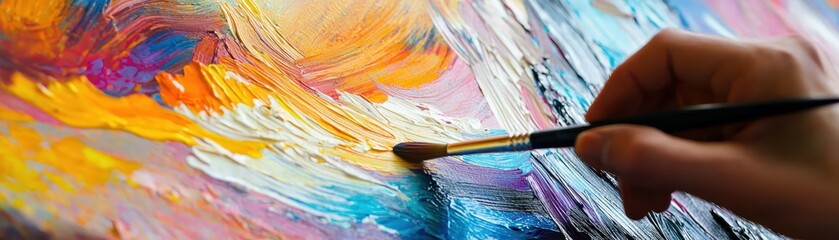 Fototapeta premium Close-up of an artist's hand painting an abstract artwork with vibrant colors using a brush. Perfect for creativity and art-related themes.