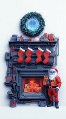 Fototapeta premium Futuristic Christmas Fireplace with Santa Claus.