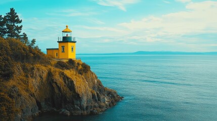 A scenic view of a yellow lighthouse perched on a cliffside, overlooking the calm blue ocean below.