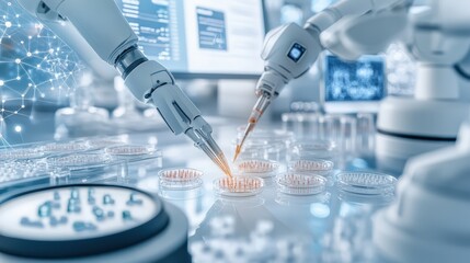 Fototapeta premium Robotic Arm Dispensing Liquid into Petri Dishes in a Laboratory.