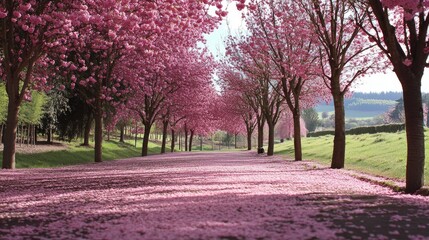 Naklejka premium A scenic view of pink cherry blossom trees lining a park path, with fallen petals covering the ground