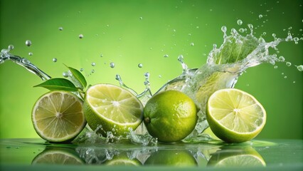 Fresh limes splashing in water on a light green background, lime, citrus, green, fruit, splash, refreshing, drink