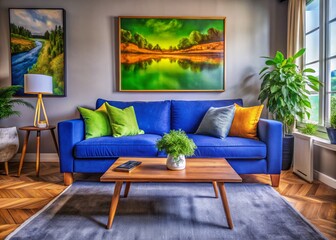 Modern Living Room Mockup with Blue Sofa and Stylish Decor for Interior Design Inspiration