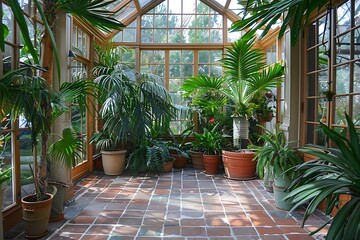 Fototapeta premium Greenhouse in a garden with plants and trees