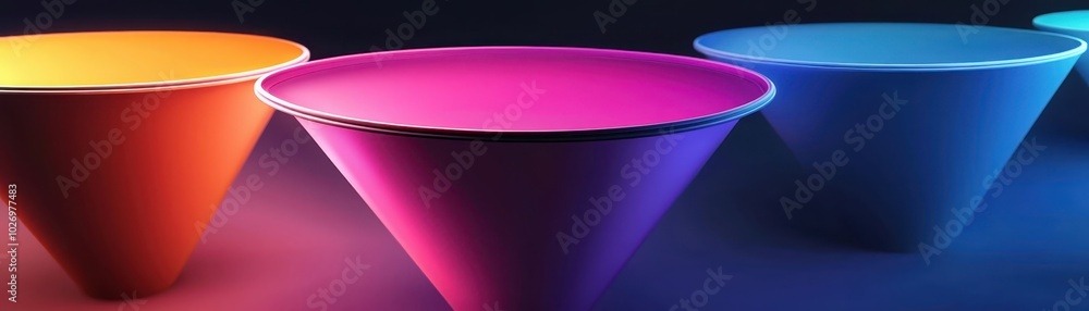Poster vibrant cones in various colors create a stunning abstract design with glowing gradients, perfect fo