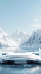 White podium on the water with mountains in the background
