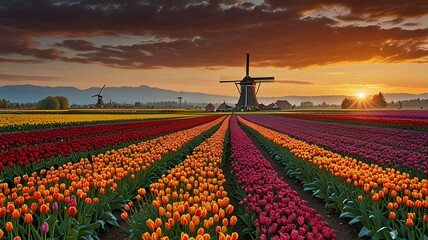 Colorful tulip fields at sunrise with majestic windmills.