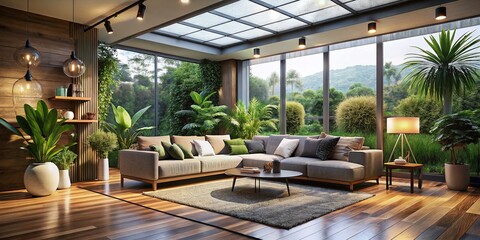 Fototapeta premium Modern Open Space Living Room with Big Sofa and Garden View in Contemporary House