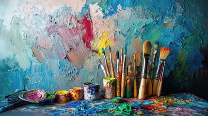 Fototapeta premium Vibrant Palette with Brushes and Paints on Table