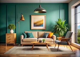 Modern Scandinavian Living Room with Vibrant Beige Sofa and Teal Wall Decor