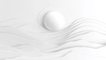 Abstract white background with 3D papercut hills and a circle.
