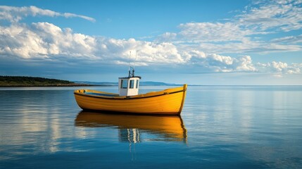 Fototapeta premium A small yellow fishing boat bobbing in the calm waters of a bay, with the shoreline visible in the background.