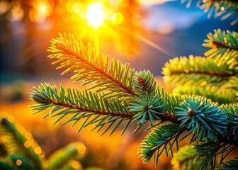 Fototapeta premium Moody Fir Tree Branch Close-Up Backlit in the Morning Light for Nature and Christmas Themes