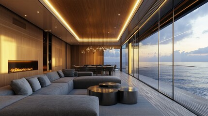 Fototapeta premium A spacious modern living room with a grey sofa and oak slat wood panel wall, featuring floor-to-ceiling windows and soft, hanging lights.