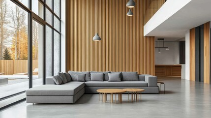 Fototapeta premium A spacious modern living room with a grey sofa and oak slat wood panel wall, featuring floor-to-ceiling windows and soft, hanging lights.