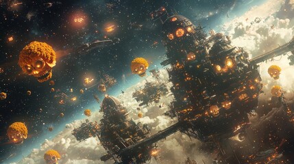 Fototapeta premium Futuristic space scene with glowing floating objects and detailed spaceships in a cosmic environment, full of lights and vibrant colors.