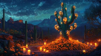 Fototapeta premium Enchanting desert night scene featuring a cactus adorned with glowing pumpkin lanterns, surrounded by candles and vibrant marigold flowers.