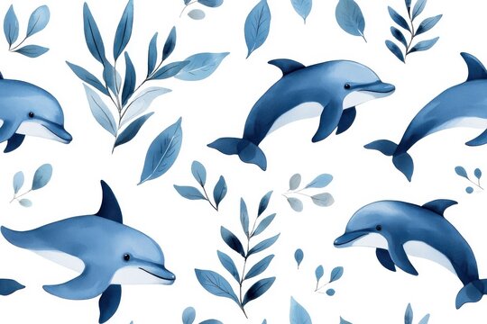 Watercolor seamless pattern of dolphins, isolate on white background.