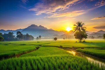 Obraz premium Morning sunlight gently illuminates tranquil rice fields in rural Thailand, capturing breathtaking landscapes that showcase the serene beauty of