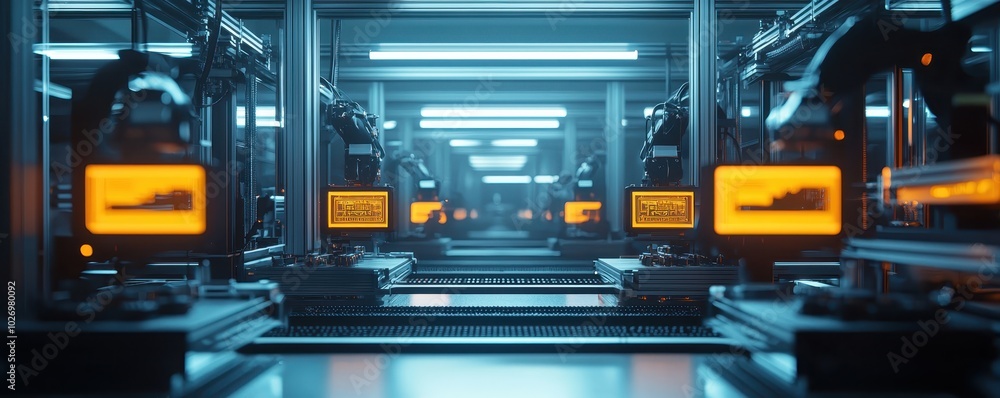 Poster modern automated factory with robotic arms and digital screens in motion. futuristic manufacturing f