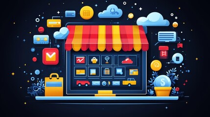 Colorful Flat Design of Digital Storefront and Icons