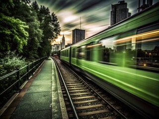 Fototapeta premium Motion Time Lapse of Unmanned Train Journey Through City Landmarks in Silhouette Photography