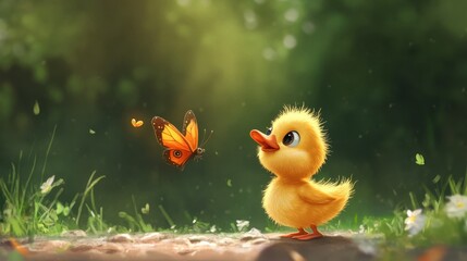 Cute Duckling Interacting with Butterfly in Nature