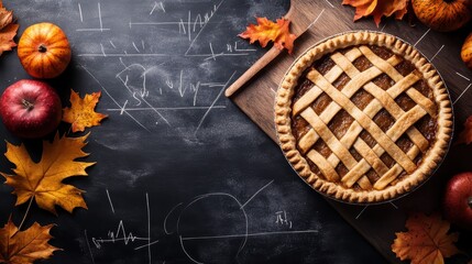 Homemade apple pie with lattice crust on a rustic table surrounded by autumn leaves and pumpkins, perfect for celebrating a cozy fall season.