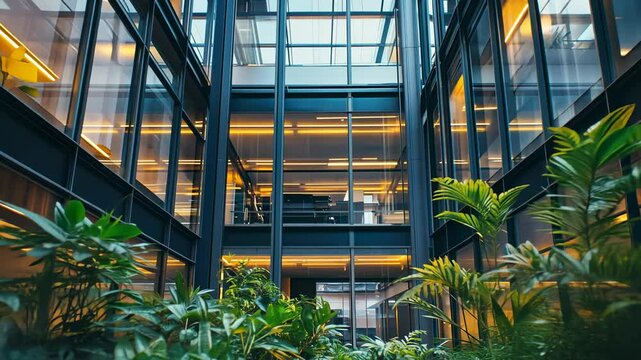 A modern office building with a glass atrium and plants.