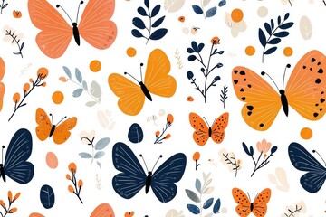 Flat style seamless pattern of butterflies, isolate on white background.
