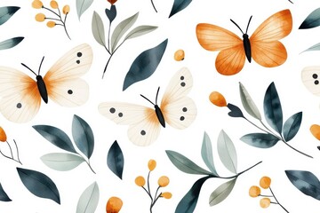 Watercolor seamless pattern of moths, isolate on white background.