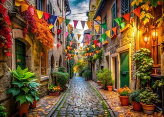 Narrow European Alleyway with Colorful Flags and Fall Festival Decor