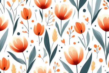 Flat style seamless pattern of tulips, isolate on white background.