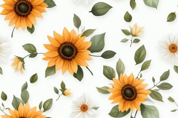 Watercolor style seamless pattern of sunflowers, isolate on a white background.