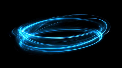 Bright electric blue light trails twisting in a spiral around a black void, creating a sense of depth and dynamic movement, Glow effect, Ribbon glint, Abstract rotational border lines, Power energy