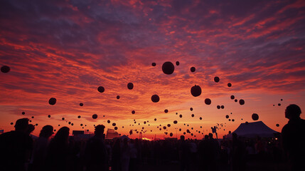 Pumpkins flying high in the sky at the World Punkin Chunkin Championships, sunset sky background with orange and purple colors, Ai generated images