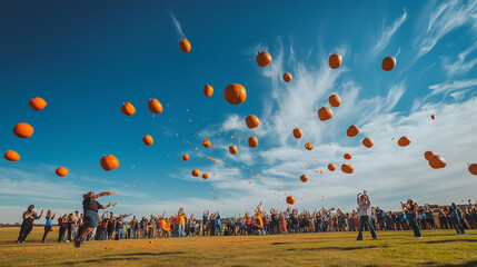 Punkin Chunkin World Championship, participants use giant catapults to throw pumpkins into the air, pumpkins float in the blue sky with open field, Ai generated images