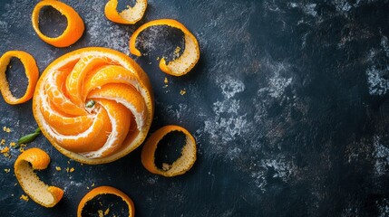 A top-down view of an orange being peeled in a spiral pattern, with the peel curled on the table