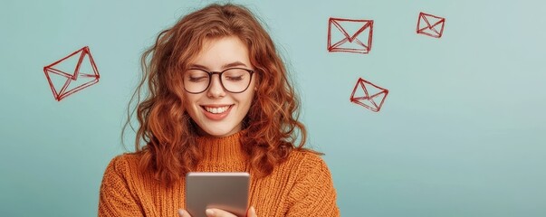 Smiling woman with glasses checking her smartphone, surrounded by email icons. Communication and technology concept.