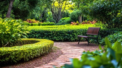 A tranquil garden scene with neatly trimmed hedges, vibrant green plants, and a stone path leading to a secluded bench.
