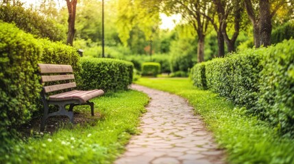 Fototapeta premium A tranquil garden scene with neatly trimmed hedges, vibrant green plants, and a stone path leading to a secluded bench.