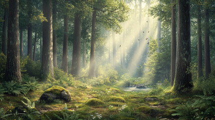 Fototapeta premium Peaceful Morning in the Forest: A Serene Nature Awakening