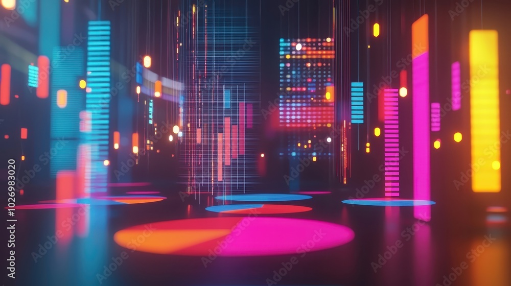 Poster vibrant abstract digital art with vivid neon lights and geometric shapes, creating a futuristic and 
