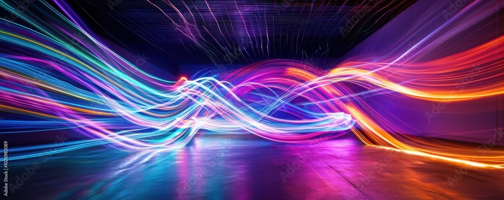 Poster vibrant abstract light trails creating colorful waves and motion effects on a dark background, perfe